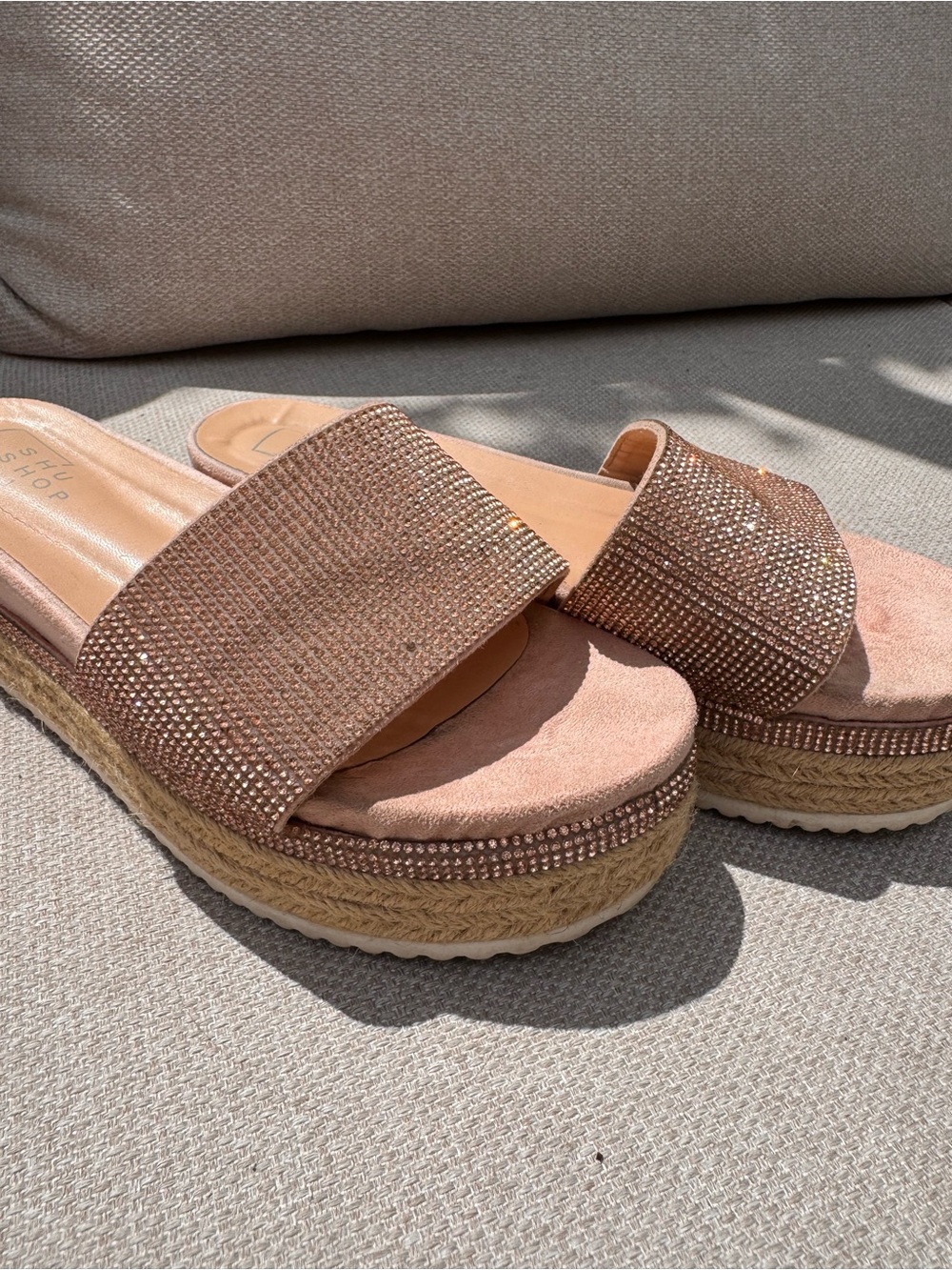 SHU SHOP Rhinestone Platform Espadrille Slides – Blush Pink – Size 7